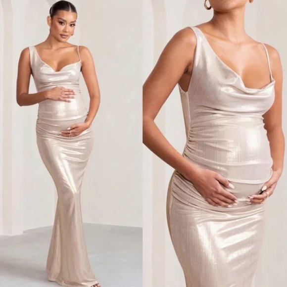galaxy shimmer gold bias cut cowl front maxi dress Galaxy Shimmer